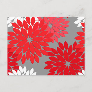 Modern Floral Kimono Print, Coral Red en Grey Briefkaart