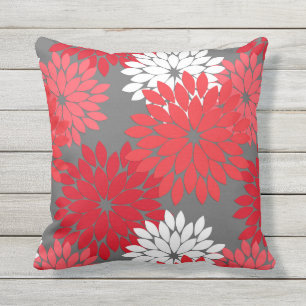 Modern Floral Kimono Print, Coral Red en Grey Buitenkussen