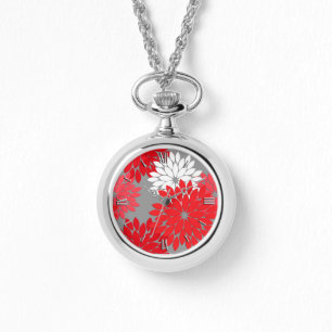 Modern Floral Kimono Print, Coral Red en Grey Horloge