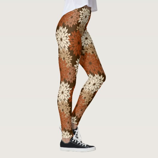 Modern Floral Kimono Print, Donkere Brown en Tan Leggings (Rechts)