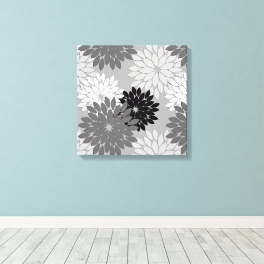 Modern Floral Kimono Print, grijs, zwart en wit Canvas Afdruk (Insitu (Houten vloer))