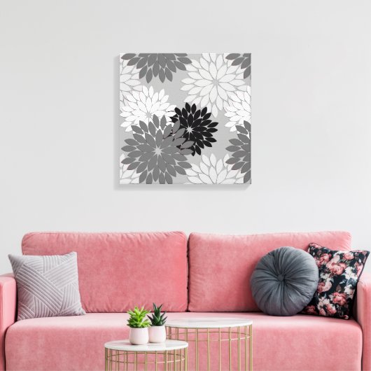 Modern Floral Kimono Print, grijs, zwart en wit Canvas Afdruk (Insitu (Woonkamer))