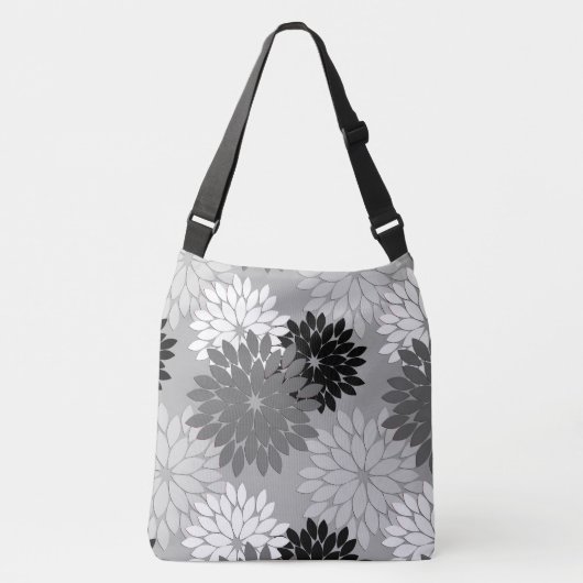 Modern Floral Kimono Print, grijs, zwart en wit Crossbody Tas (Voorkant)