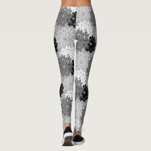 Modern Floral Kimono Print, grijs, zwart en wit Leggings (Achterkant)