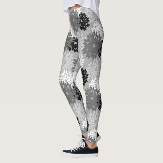 Modern Floral Kimono Print, grijs, zwart en wit Leggings (Links)