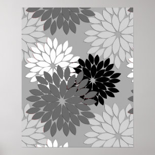 Modern Floral Kimono Print, grijs, zwart en wit Poster