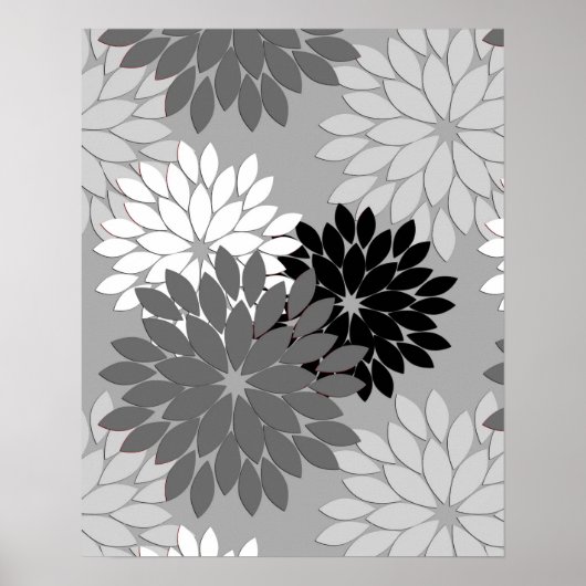 Modern Floral Kimono Print, grijs, zwart en wit Poster (Voorkant)