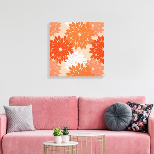 Modern Floral Kimono Print, koraal Sinaasappel op  Canvas Afdruk (Insitu (Woonkamer))
