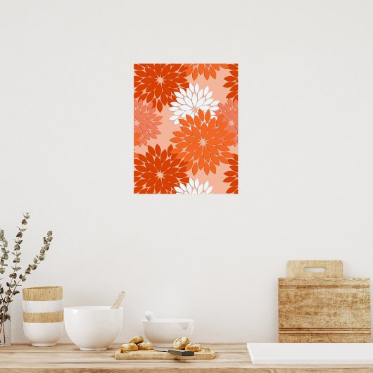 Modern Floral Kimono Print, koraal Sinaasappel op  Poster (Keuken)