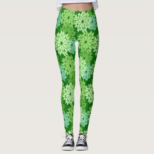 Modern Floral Kimono Print, Lime Green Leggings (Voorkant)