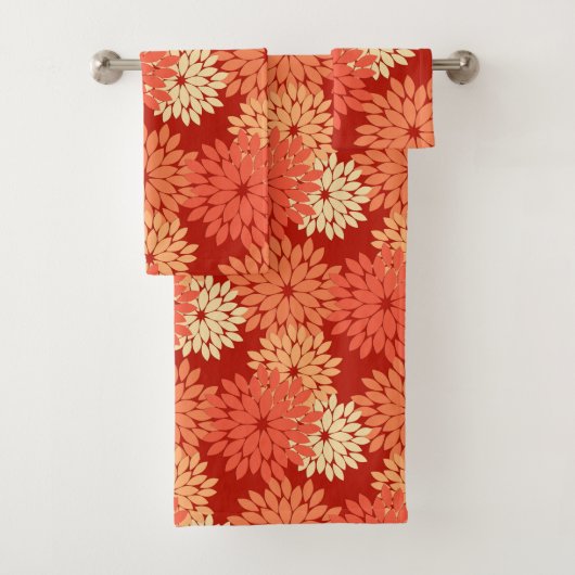 Modern Floral Kimono Print, Mandarijns Oranje Bad Handdoek (Insitu)