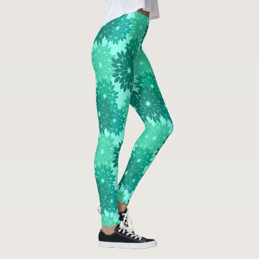 Modern Floral Kimono Print, Turquoise, Blauwgroen  Leggings (Rechts)