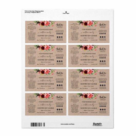Modern Floral Kraft Scented Soy Candle Labels (Full Sheet)