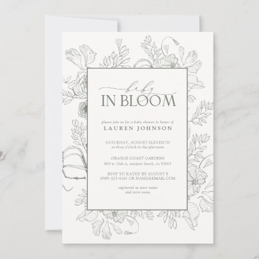 Modern Floral Line Art Sage Green Baby in Bloom Kaart (Voorkant)