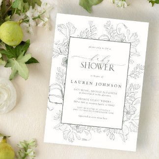 Modern Floral Line Art Sage Green Baby shower Kaart