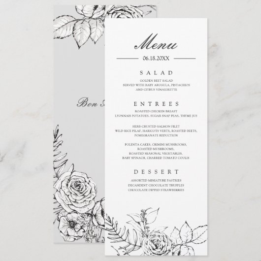 Modern Floral Line Drawing Weddenmenu Kaart (Voorkant / Achterkant)
