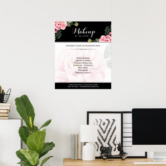 Modern Floral Makeup Script Black White Poster (Thuiskantoor)