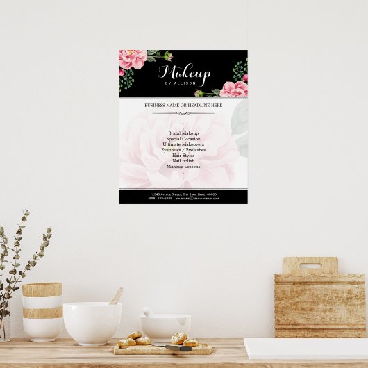 Modern Floral Makeup Script Black White Poster (Keuken)