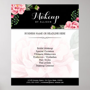 Modern Floral Makeup Script Black White Poster