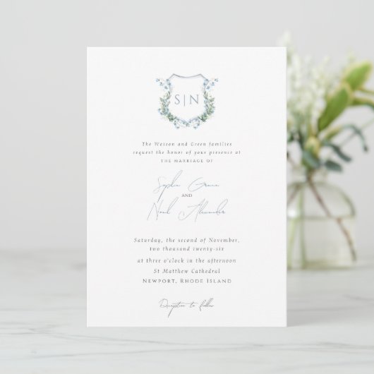 Modern Floral Monogram Crest Formal  Wedding Kaart (Staand voorkant)