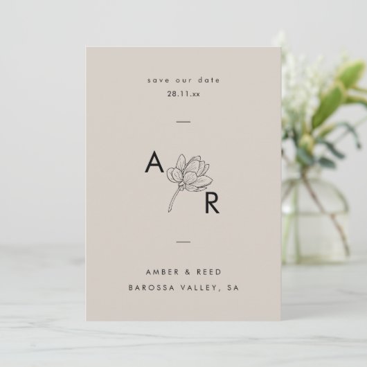 Modern Floral Monogram Elegant Eenvoudig Neutraal Save The Date (Staand voorkant)