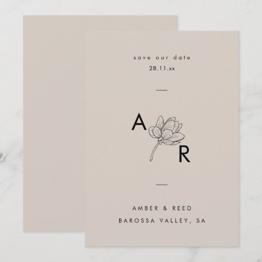Modern Floral Monogram Elegant Eenvoudig Neutraal Save The Date (Voorkant / Achterkant)