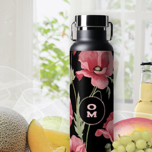Modern Floral Monogram Roze Zwart Groot klaproos Waterfles