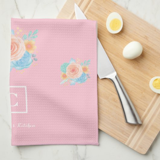 Modern Floral Monogram Theedoek (Quarter Fold)