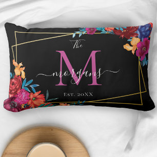 Modern Floral Monogram Zwart Bruiloft Kussen