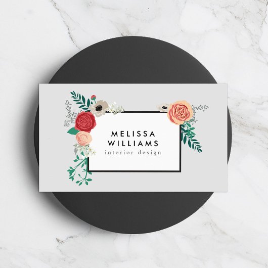  Modern Floral Motif op Grey Designer Visitekaartje