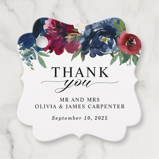 Modern Floral Navy Blue Burgundy Weddenschap Bedankjes Labels (Voorkant)