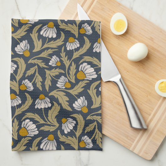 Modern Floral Navy Blue Coneflower Daisy Botanical Theedoek (Quarter Fold)