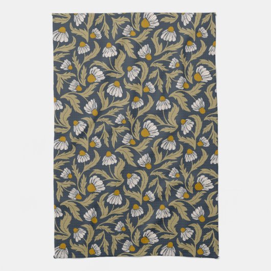 Modern Floral Navy Blue Coneflower Daisy Botanical Theedoek (Verticaal)