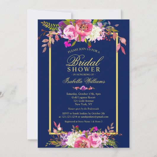 Modern Floral Navy Blue Gold Vrijgezellenfeest Kaart (Voorkant)