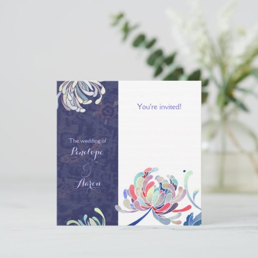 Modern Floral Navy Blue Wedding Kaart (Staand voorkant)