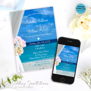 Modern Floral Ocean Beach Summer Wedding Kaart