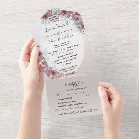 Modern Floral Oranje beige Waterverf bruiloft All In One Uitnodiging (Afscheurbaar)