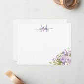 Modern Floral Paars roze Roses Greenery Monogram Notitiekaartje (Voorkant / Achterkant in situ)