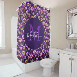 Modern Floral Pansies Pattern Paars Monogram Douchegordijn