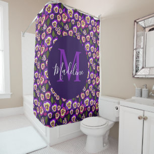 Modern Floral Pansies Pattern Paars Monogram Douchegordijn
