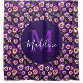 Modern Floral Pansies Pattern Paars Monogram Douchegordijn (Voorkant)