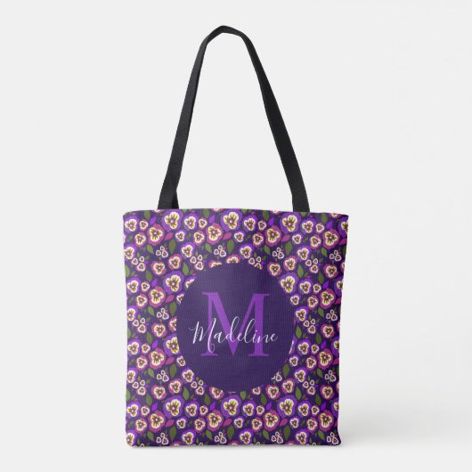 Modern Floral Pansies Pattern Paars Monogram Tote Bag (Achterkant)