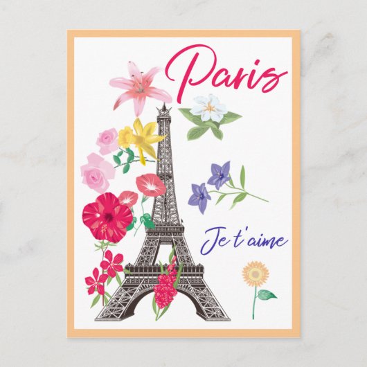 Modern Floral Paris je t'aime Eiffel Tower Travel Briefkaart (Voorkant)