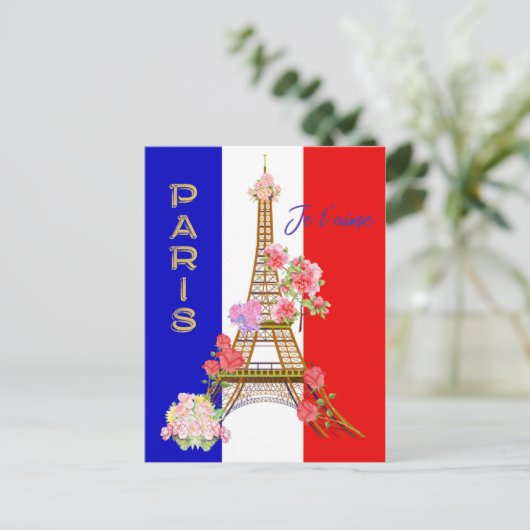 Modern Floral Paris je t'aime Eiffel Tower Travel Feestdagenkaart (Staand voorkant)
