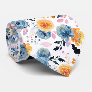 Modern Floral Patroon in Blauw, Oranje en Roze Stropdas