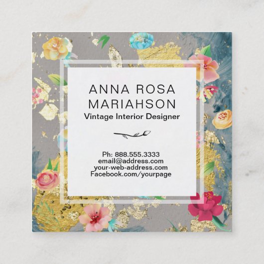 *~* modern Floral Pattern Gold Glitter Vierkante Visitekaartje (Achterkant)