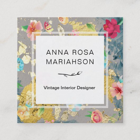 *~*  modern Floral Pattern Gold Glitter Vierkante Visitekaartje (Voorkant)