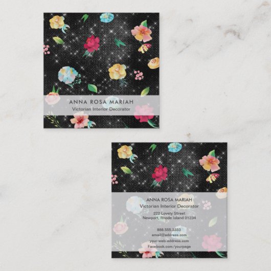 *~* Modern Floral Pattern Silver Glitter Vierkante Visitekaartje (Voorkant / Achterkant)
