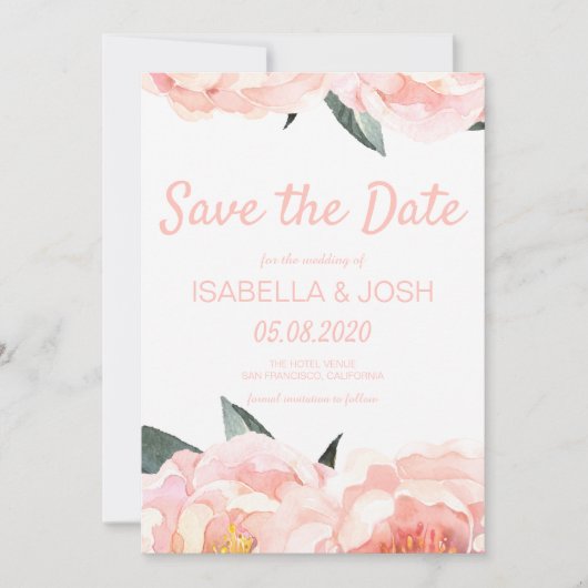 Modern Floral Peach Pink Peony Save the Date (Voorkant)