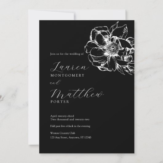 Modern Floral Peony Black and White Wedding Kaart (Voorkant)